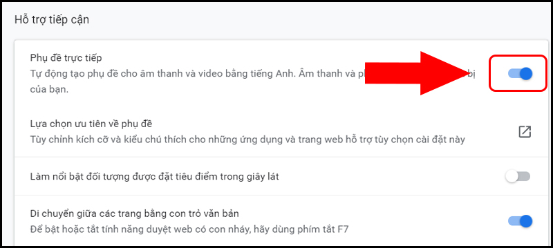 K&eacute;o thanh trượt sang phải để bật phụ đề trực tiếp